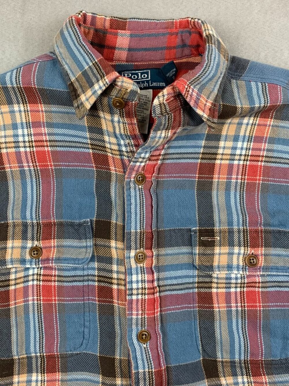 Ralph Lauren Polo Men Work Shirt Medium Blue Plaid Flannel Button Up Long Sleeve - Picture 2 of 8